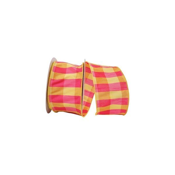 20.5 in. 10 Yards Check Dupioni Colors Wired Edge Ribbon, Yellow & Fuchsia, Actividad, Mfr#: AC1868465